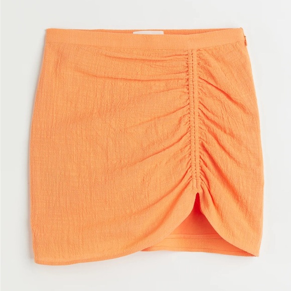 H&M ruched mini skirt gathered high waisted rise neon tangerine crepe tulip - Picture 1 of 8